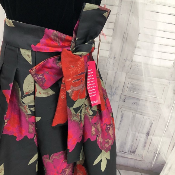 Alex Marie Black Pink Jacquard Velvet Cocktail Dress Pockets Fit & Flare Gown - Picture 11 of 11